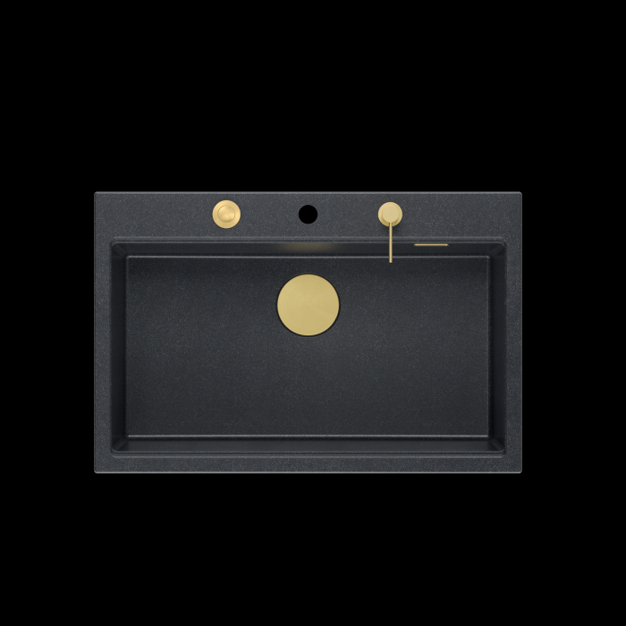 Chiuveta Granit Workstations MARK Quadron cu dozator+tocator+capac scurgere si elemente aurii/gold [3]