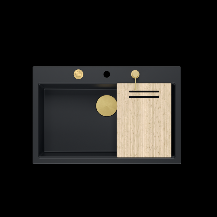 Chiuveta Granit Workstations MARK Quadron cu dozator+tocator+capac scurgere si elemente aurii/gold [2]
