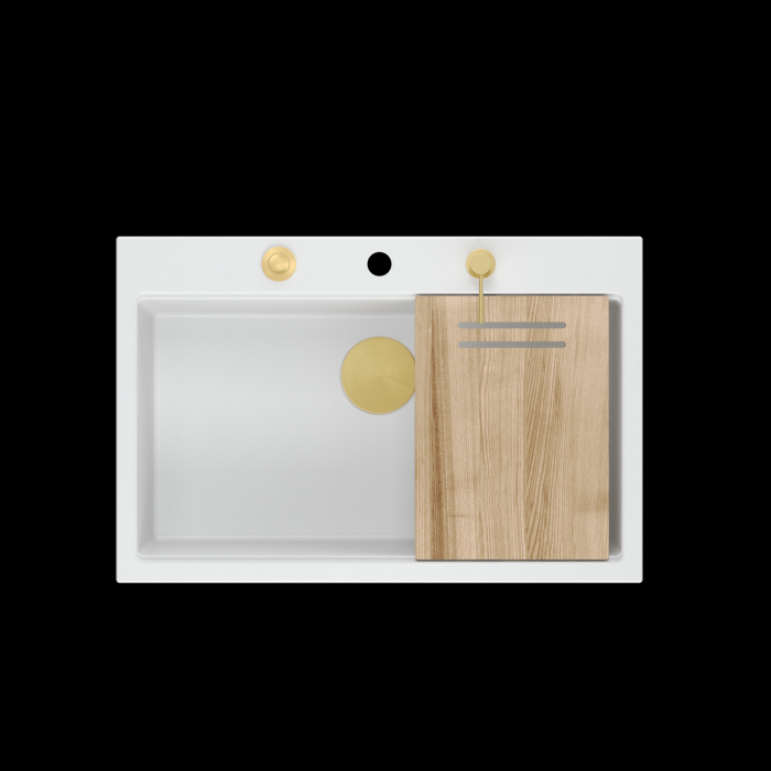 Chiuveta Granit Workstations MARK Quadron cu dozator+tocator+capac scurgere si elemente aurii/gold [2]