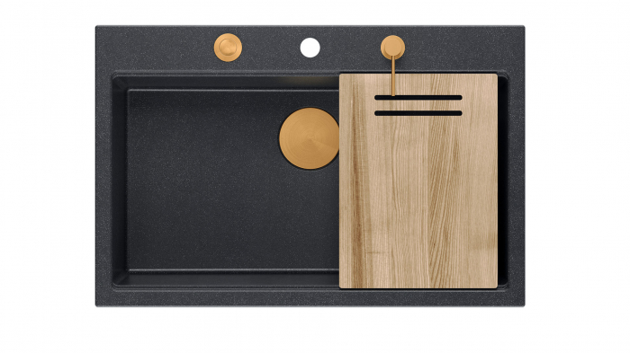 Chiuveta Granit Workstations MARK Quadron cu dozator+tocator lemn+capac scurgere [2]
