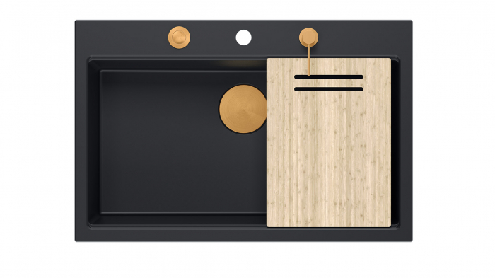 Chiuveta Granit Workstations MARK Quadron cu dozator+tocator lemn+capac scurgere [3]