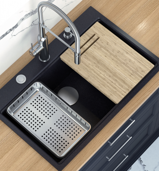 Chiuveta Granit Workstations MARK Quadron cu dozator+scurgator+gratar rulabil+tocator lemn+capac scurgere [9]