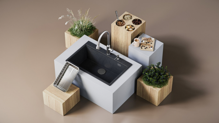 Chiuveta Granit Workstations MARK Quadron cu dozator+scurgator+gratar rulabil+tocator lemn+capac scurgere [10]