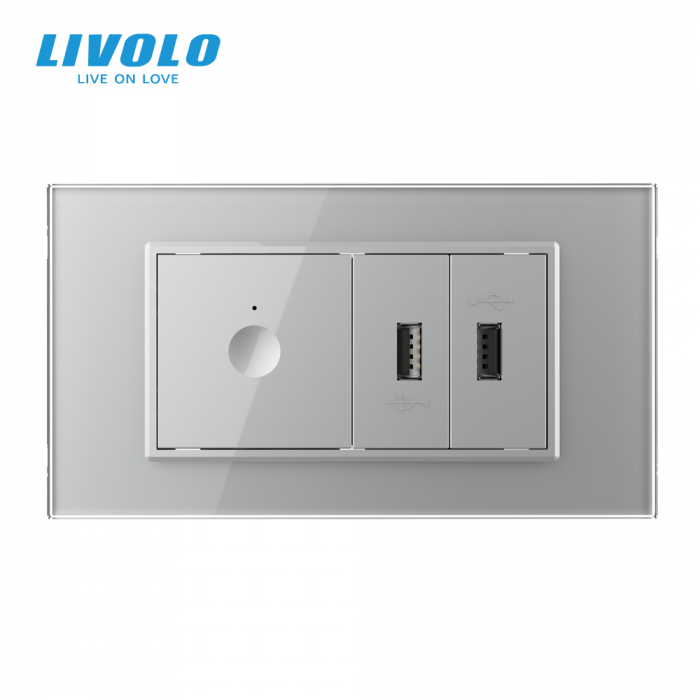 Intrerupator cu touch integrat cap scara/cruce wireless si priza dubla USB, 4M, cu rama sticla Livolo [3]