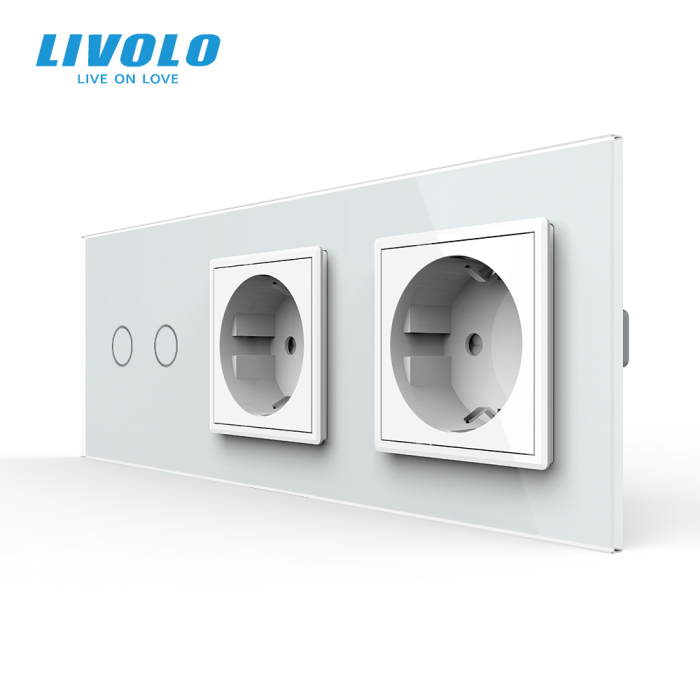 Intrerupator dublu tactil si 2 prize Schuko cu rama din sticla Livolo [1]