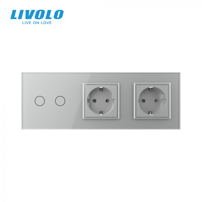 Intrerupator dublu tactil si 2 prize Schuko cu rama din sticla Livolo [3]