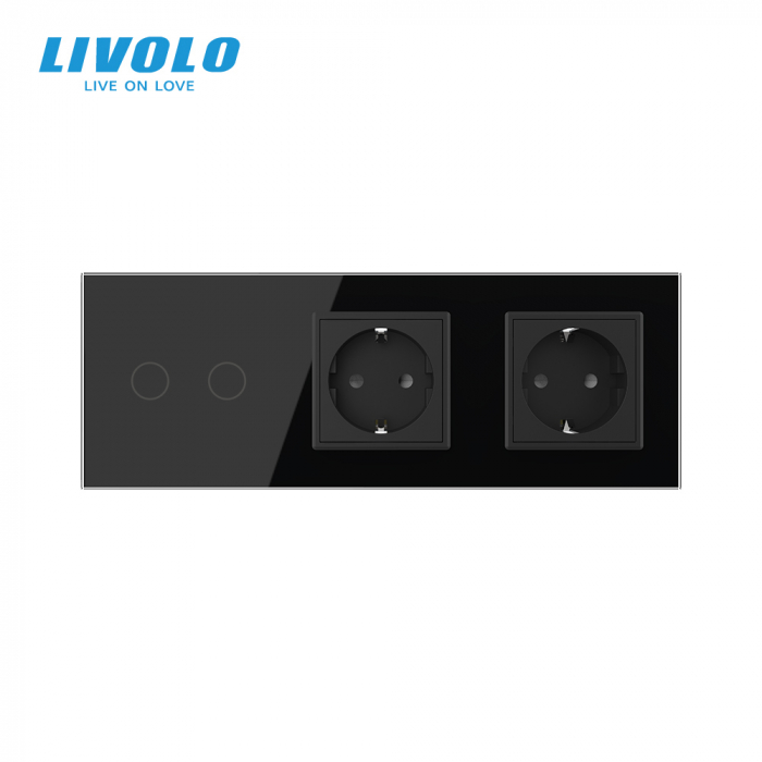 Intrerupator dublu tactil si 2 prize Schuko cu rama din sticla Livolo [3]