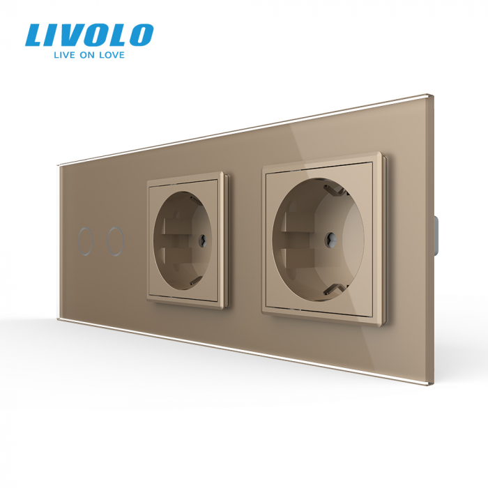 Intrerupator dublu tactil si 2 prize Schuko cu rama din sticla Livolo [1]