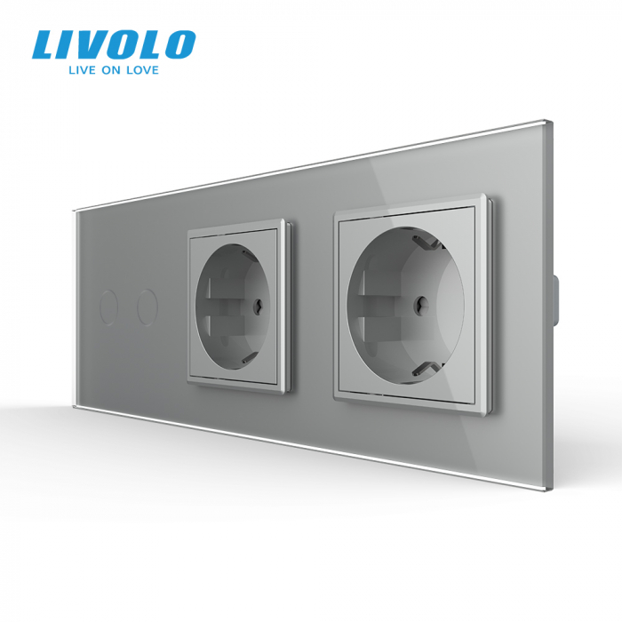 Intrerupator dublu tactil si 2 prize Schuko cu rama din sticla Livolo [1]