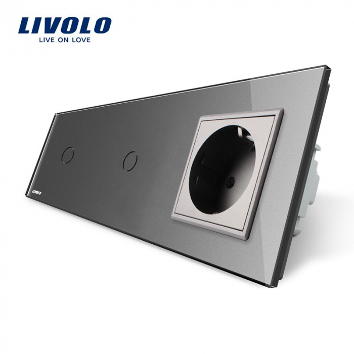 Intrerupator tactil 2 x simplu + priza Schuko si panou sticla Livolo [1]