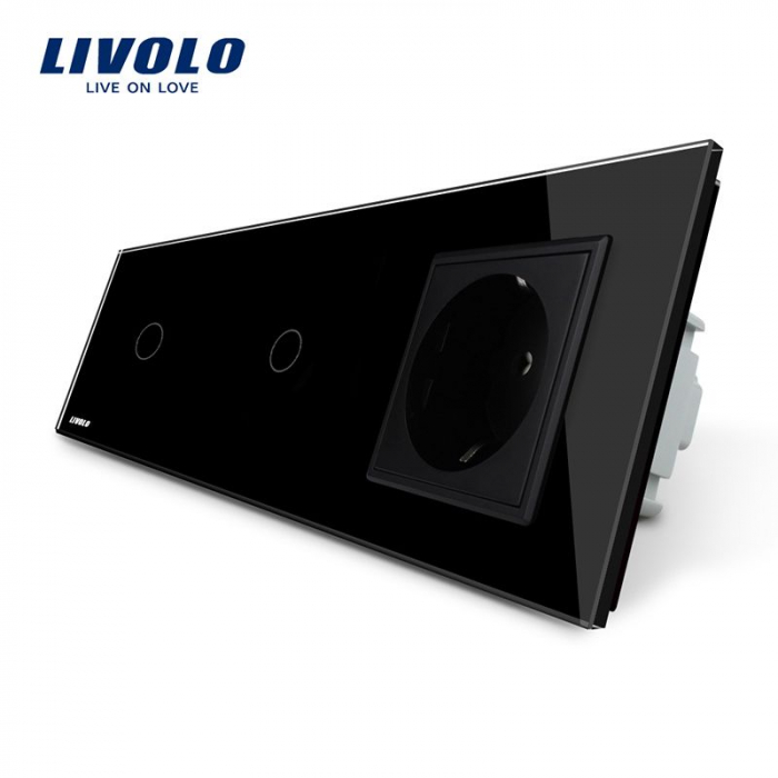 Intrerupator tactil 2 x simplu + priza Schuko si panou sticla Livolo [1]