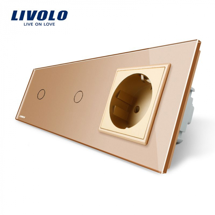 Intrerupator tactil 2 x simplu + priza Schuko si panou sticla Livolo [1]