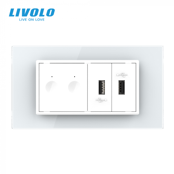 Intrerupator tactil dublu cap scara/cruce+ priza dubla USB, 4M, cu rama sticla crystal Livolo [4]