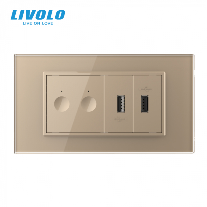 Intrerupator tactil dublu wireless+ priza dubla USB, 4M, cu rama sticla crystal Livolo [4]