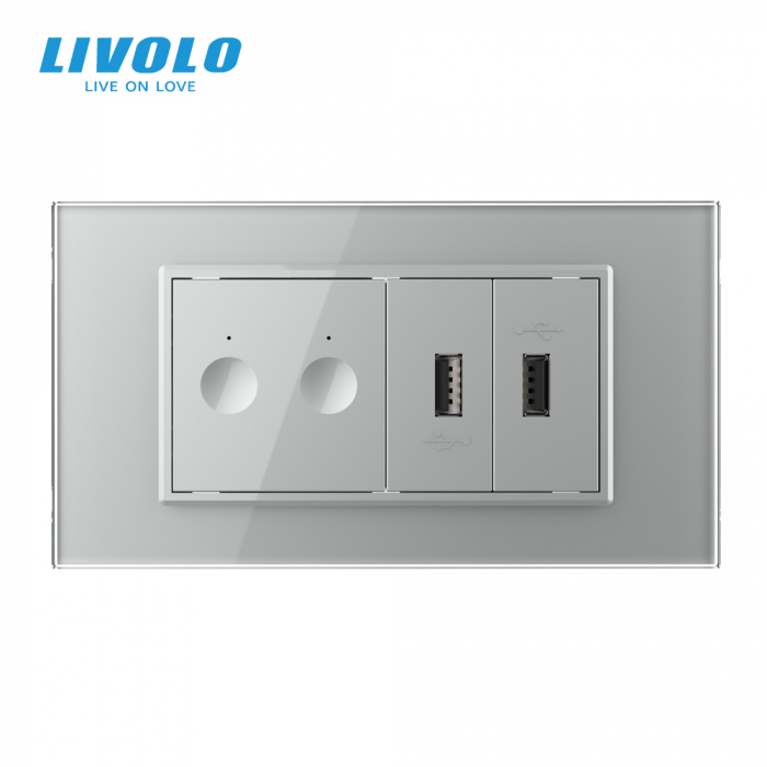 Intrerupator tactil dublu wireless+ priza dubla USB, 4M, cu rama sticla crystal Livolo [4]