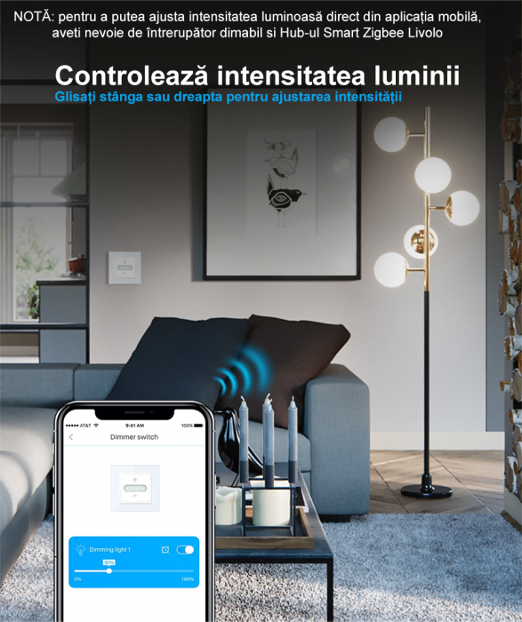 Intrerupator tactil Livolo WiFi, Zigbee, cap scara / cruce, dimabil, intensitate lumina ajustabila [5]