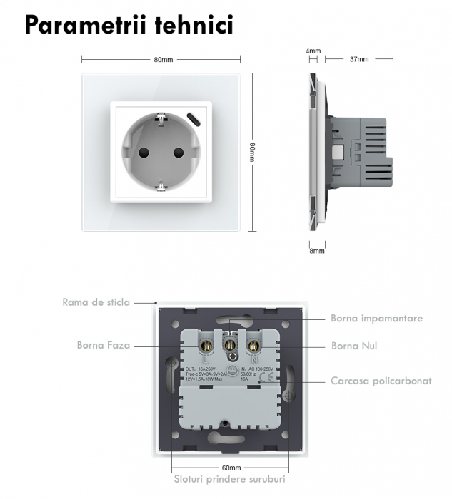 Priza simpla Schuko si slot USB Tip-C Standard German 2M cu panou din sticla [5]