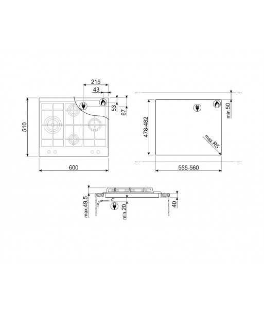 Plita incorporabila inox emailat negru mat,4 arzatoare gaz 60 cm Smeg, [2]