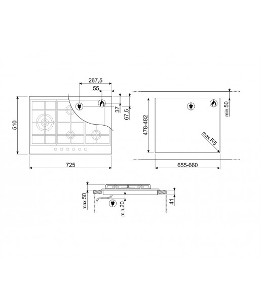 Plita incorporabila inox 5 arzatoare pe gaz 72.5 cm Smeg [5]