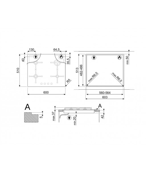 Plită incorporabilă sticla Smeg Linea, gaz,4 arzatoare 60 cm, negru, alb sau argintiu [3]
