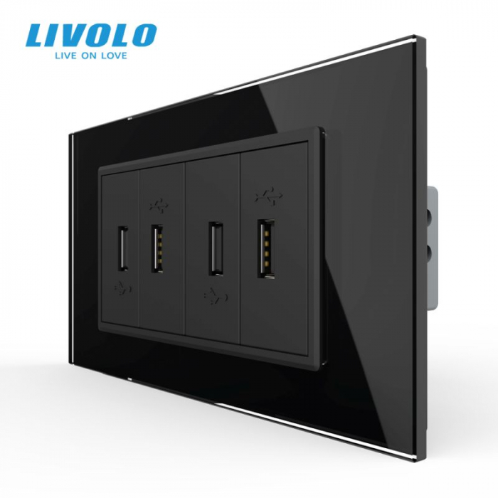 Priza cvadrupla USB, 4M, cu rama sticla Livolo [1]