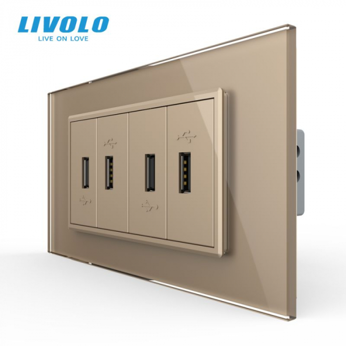 Priza cvadrupla USB, 4M, cu rama sticla Livolo [1]