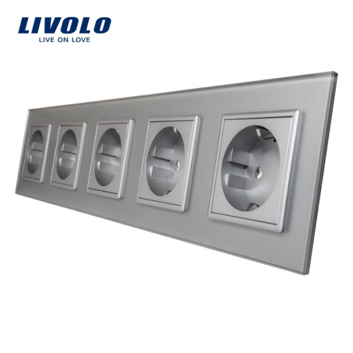 Priza cvintupla Schuko cu panou din sticla Livolo [1]