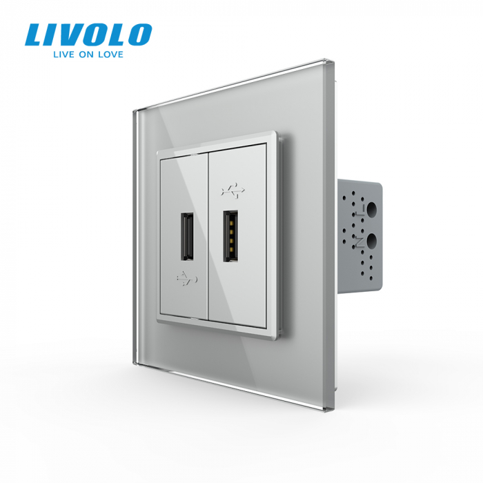 Priză dublă USB cu panou sticla, Livolo [1]