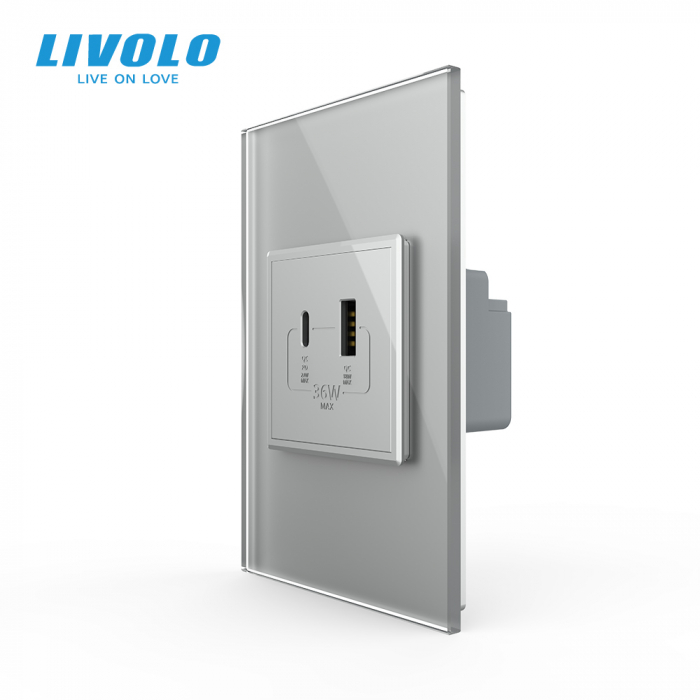 Priza dubla USB si USB tip C cu panou din sticla standard italian Livolo [1]