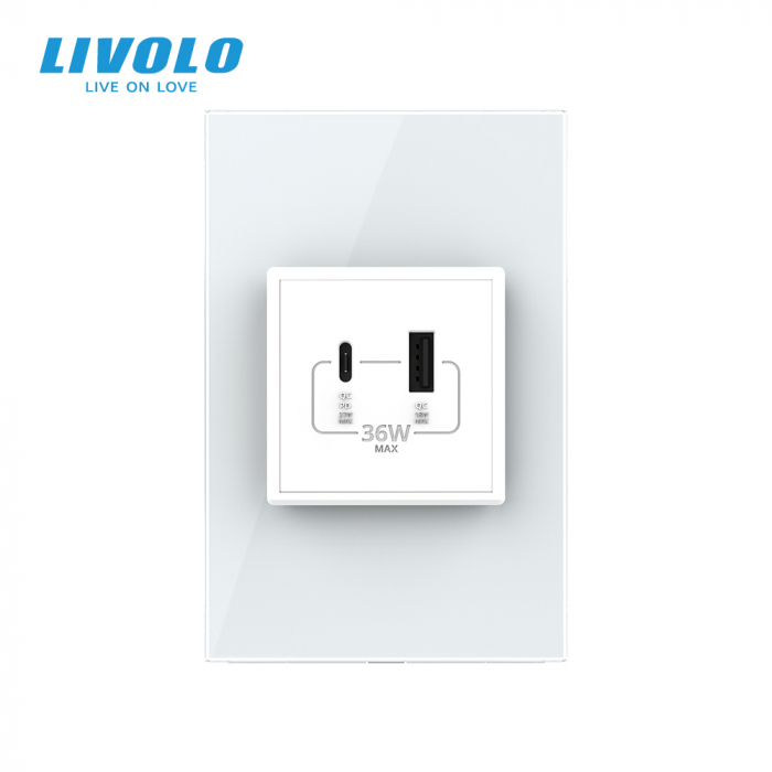 Priza dubla USB si USB tip C cu panou din sticla standard italian Livolo [3]