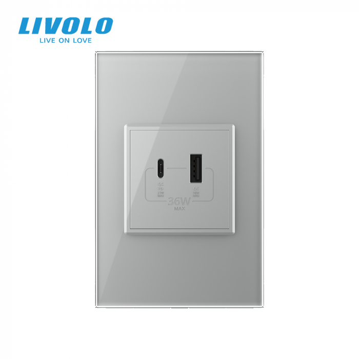 Priza dubla USB si USB tip C cu panou din sticla standard italian Livolo [2]