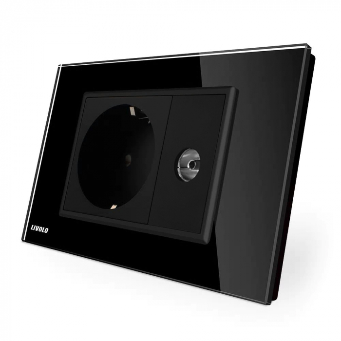 Priza simpla+modul TV, cu rama din sticla 3M-Livolo [1]