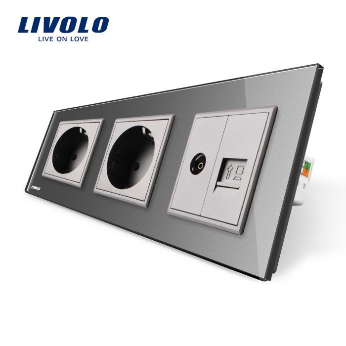 Priza dubla schuko + priza tv+ priza retea calculator Livolo [1]