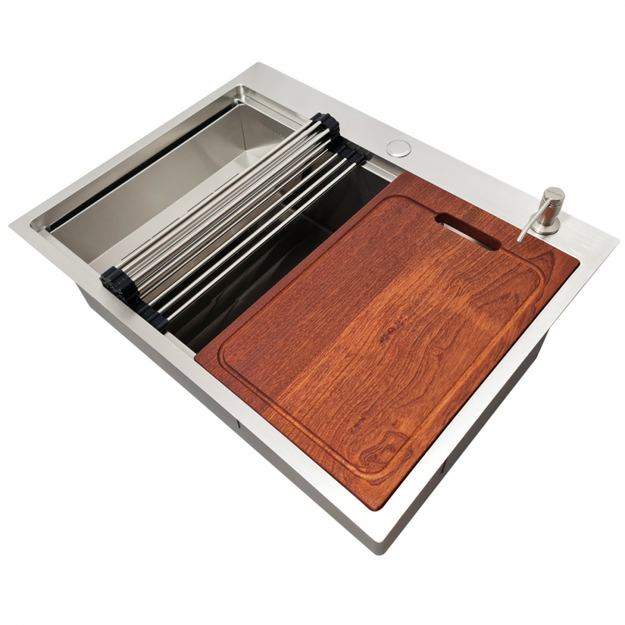 Chiuveta bucatarie inox CookingAid HERA TOP cu dozator detergent, scurgator vase/paste/fructe, gratar rulabil inox, tocator lemn Sapele + accesorii montaj [6]