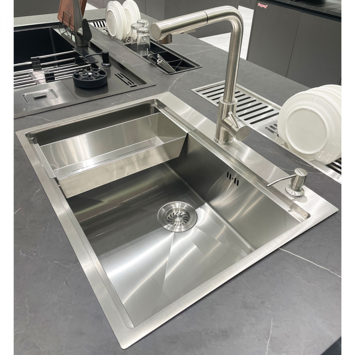 Chiuveta bucatarie inox CookingAid HERA TOP cu dozator detergent, scurgator vase/paste/fructe, gratar rulabil inox, tocator lemn Sapele + accesorii montaj [11]
