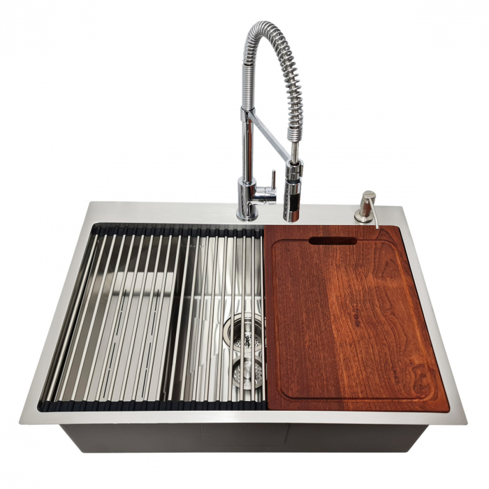 Chiuveta bucatarie inox CookingAid HERA TOP cu dozator detergent, scurgator vase/paste/fructe, gratar rulabil inox, tocator lemn Sapele + accesorii montaj [8]