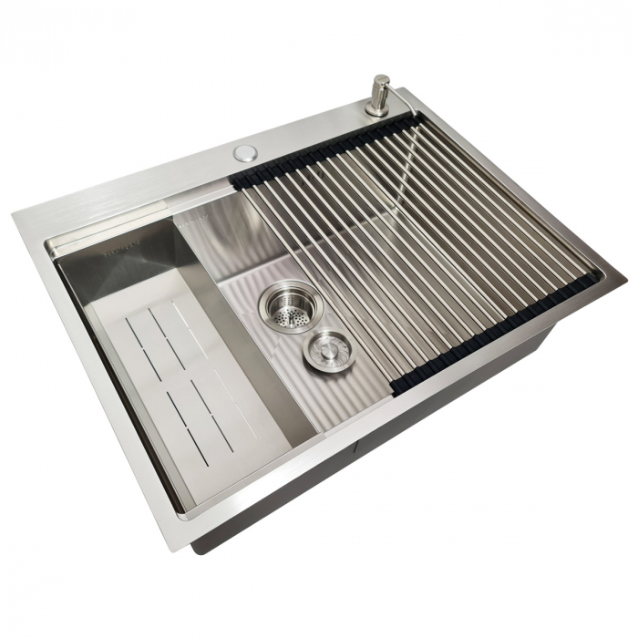 Chiuveta bucatarie inox CookingAid HERA TOP cu dozator detergent, scurgator vase/paste/fructe, gratar rulabil inox, tocator lemn Sapele + accesorii montaj [4]