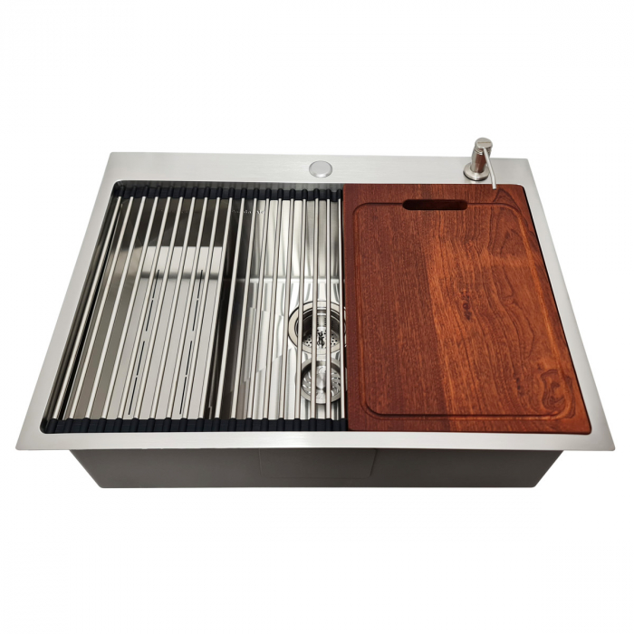 Chiuveta bucatarie inox CookingAid HERA TOP cu dozator detergent, scurgator vase/paste/fructe, gratar rulabil inox, tocator lemn Sapele + accesorii montaj [5]