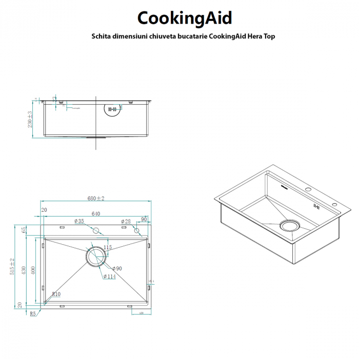 Chiuveta bucatarie inox CookingAid HERA TOP cu dozator detergent, scurgator vase/paste/fructe, gratar rulabil inox, tocator lemn Sapele + accesorii montaj [15]