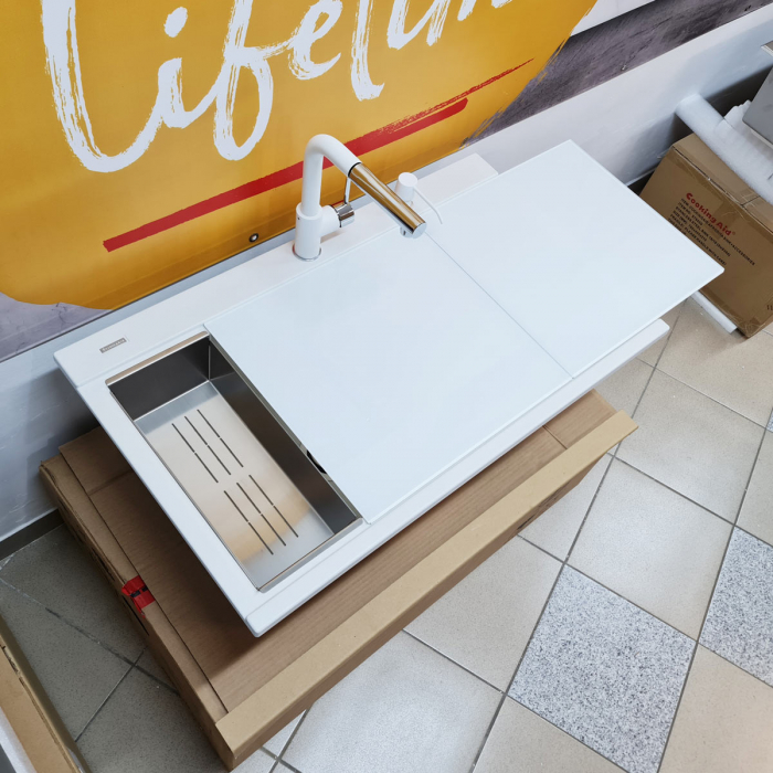 Set complet Chiuveta bucatarie granit dubla cu 2 cuve CookingAid Kinga LX8620 Alba / Polar White + Baterie CookingAid Arizona + 2 Tocatoare sticla Temperizata Alba + Tavita scurgere inox + accesorii montaj [8]
