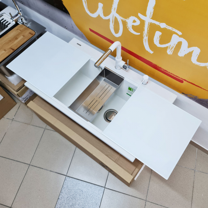 Set complet Chiuveta bucatarie granit dubla cu 2 cuve CookingAid Kinga LX8620 Alba / Polar White + Baterie CookingAid Arizona + 2 Tocatoare sticla Temperizata Alba + Tavita scurgere inox + accesorii montaj [9]