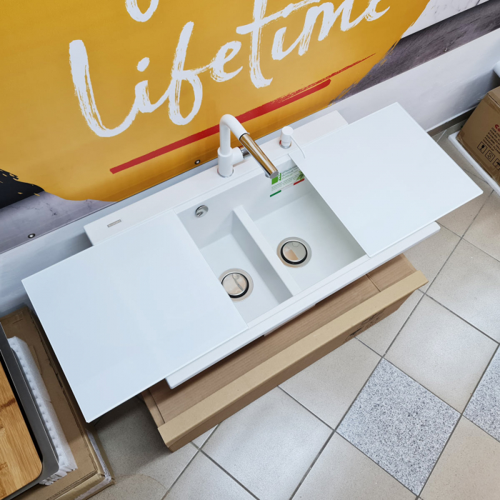 Set complet Chiuveta bucatarie granit dubla cu 2 cuve CookingAid Kinga LX8620 Alba / Polar White + Baterie CookingAid Arizona + 2 Tocatoare sticla Temperizata Alba + Tavita scurgere inox + accesorii montaj [11]