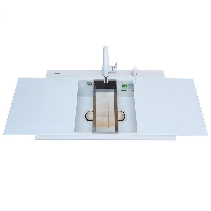 Chiuveta bucatarie granit dubla cu 2 cuve CookingAid Kinga LX8620 Alba / Polar White + baterie,2 tocatoare sticla ,tavita inox ,dozator [7]