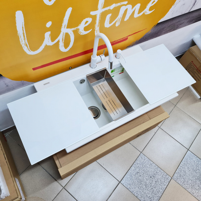Chiuveta bucatarie granit dubla cu 2 cuve CookingAid Kinga LX8620 Alba / Polar White + baterie,2 tocatoare sticla ,tavita inox ,dozator [6]