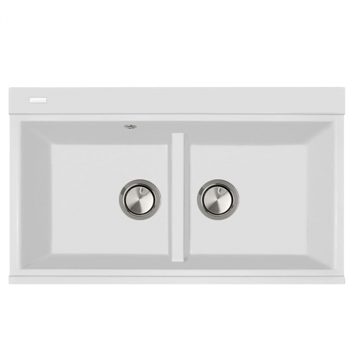 Chiuveta bucatarie granit dubla cu 2 cuve CookingAid Kinga LX8620 Alba / Polar White + baterie,2 tocatoare sticla ,tavita inox ,dozator [10]