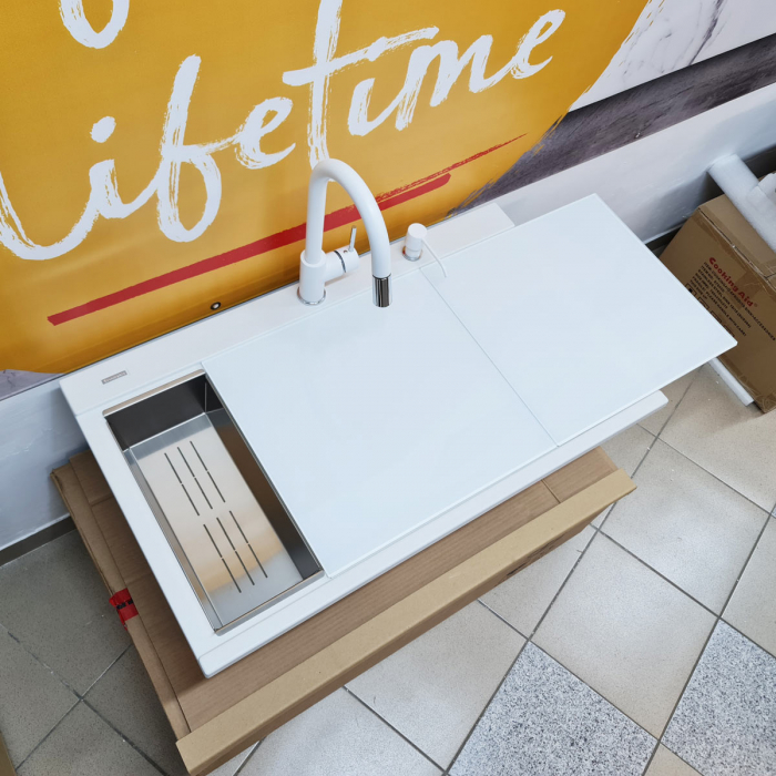Chiuveta bucatarie granit dubla cu 2 cuve CookingAid Kinga LX8620 Alba / Polar White + baterie,2 tocatoare sticla ,tavita inox ,dozator [2]