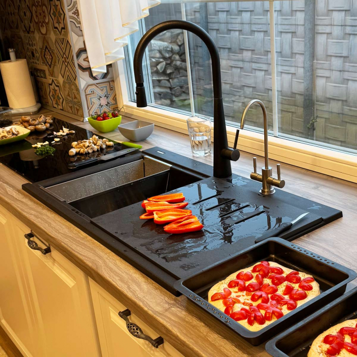 Set complet Chiuveta bucatarie granit dubla cu 2 cuve CookingAid Kinga LX8620 Neagra / Black Metal quartz + Baterie CookingAid Newmix 90 + Tocator HPL Ardesia +Tavita scurgere inox + Dozator detergent + accesorii montaj [22]
