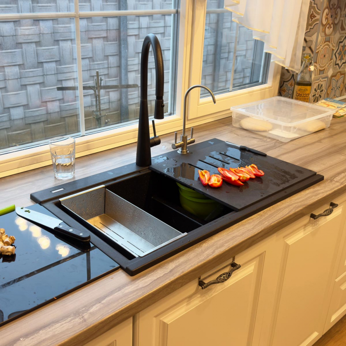 Set complet Chiuveta bucatarie granit dubla cu 2 cuve CookingAid Kinga LX8620 Neagra / Black Metal quartz + Baterie CookingAid Newmix 90 + Tocator HPL Ardesia +Tavita scurgere inox + Dozator detergent + accesorii montaj [21]