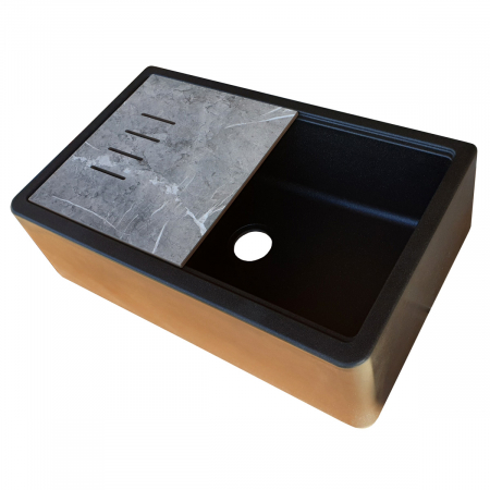 Chiuveta bucatarie granit reversibila CookingAid Lux LX8410 Farm House Apron Neagra / Black Metal Quartz + accesorii montaj [5]
