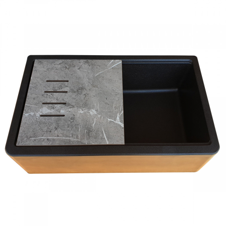Chiuveta bucatarie granit reversibila CookingAid Lux LX8410 Farm House Apron Neagra / Black Metal Quartz + accesorii montaj [6]